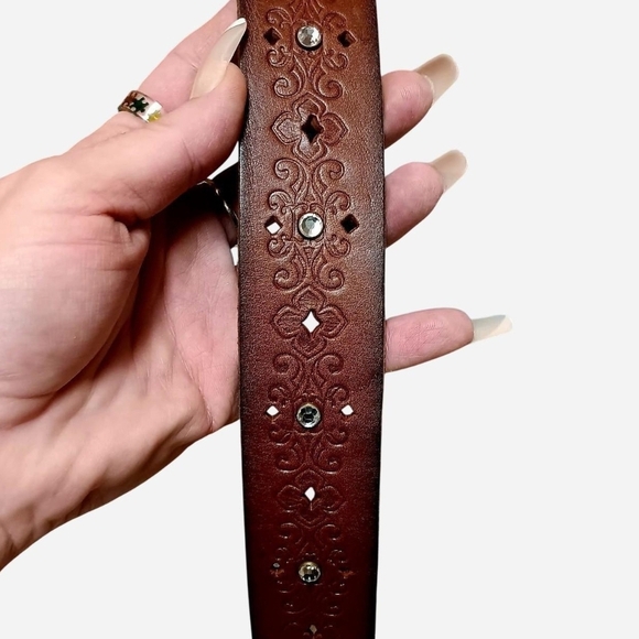 Miss Me Brown Leather Belt with Brass Jeweled Buckle - Picture 5 of 6